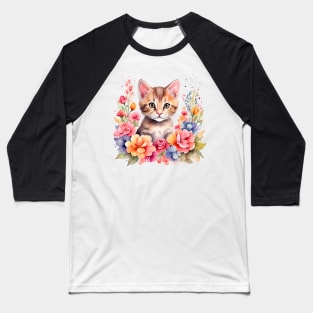 A cat decorated with beautiful watercolor flowers Baseball T-Shirt